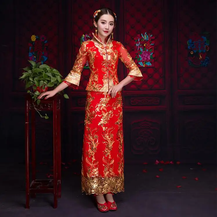 red Современное китайское традиционное платье свадебное Qipao длинное плюс размерное Ципао Топ Vestido восточные платья невесты красное Qi Pao - Цвет: red