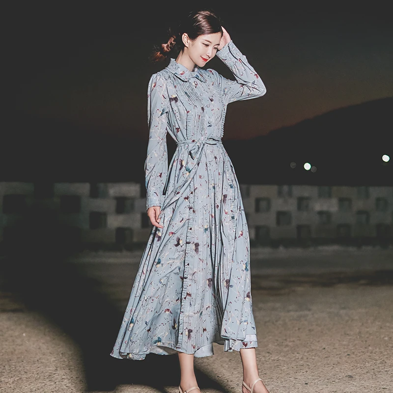 Женское платье с оборками и принтом птиц летнее тонкое драпировкой в стиле ретро