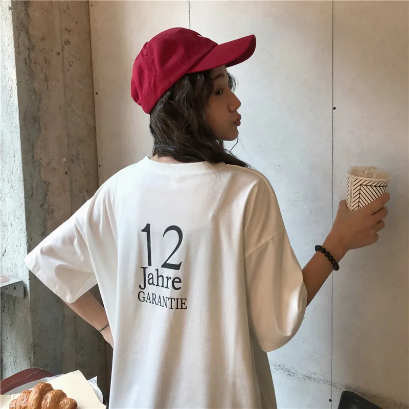 Корейская одежда oversize футболки для отдыха для женщин Письмо печати Длинная Футболка harajuku свободная футболка подруга уличная белые топы