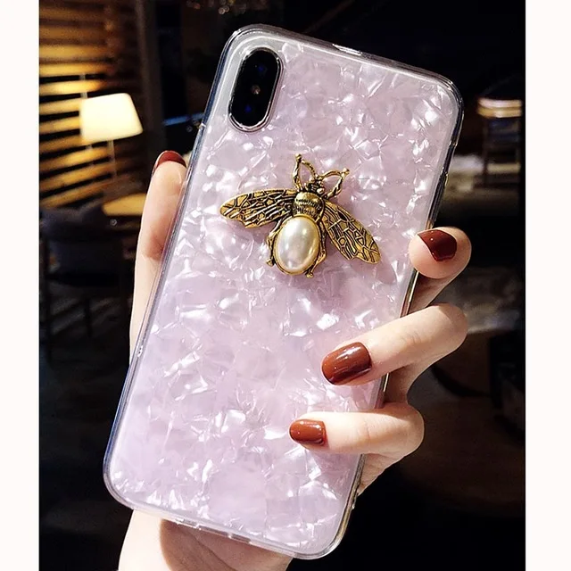 Pink Модный металлический чехол для телефона с рисунком пчелы для iPhone 6, 6s, 7, 8 Plus, X, XR, XS Max, роскошный красивый мягкий силиконовый чехол - Цвет: Pink