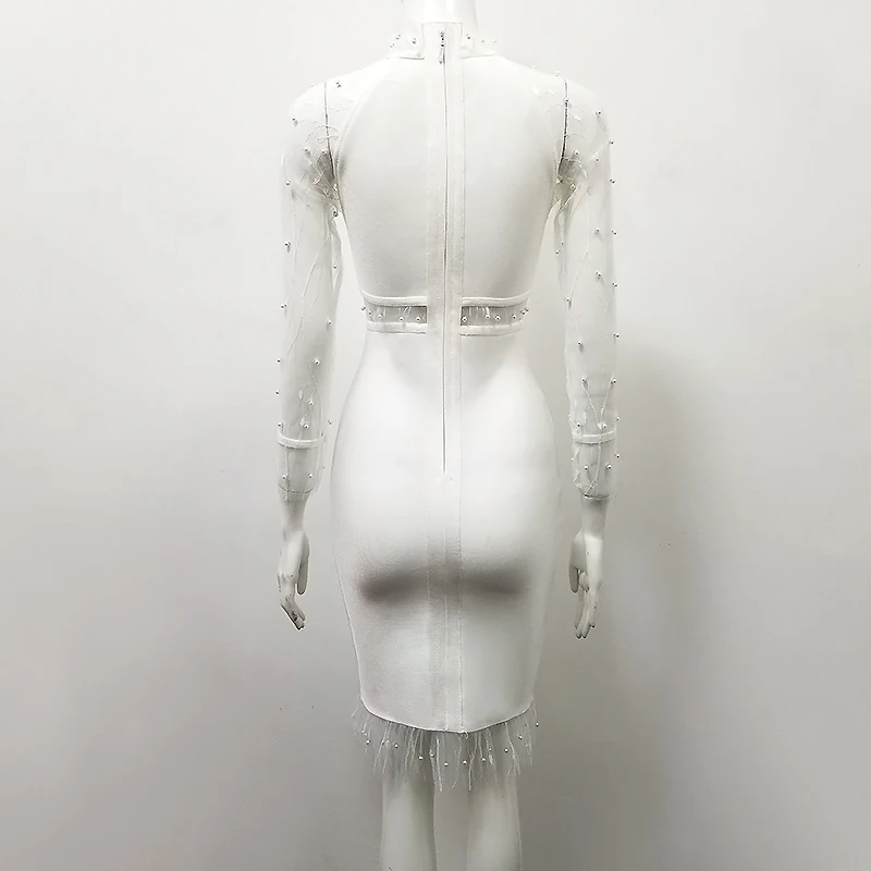 Хит продаж женское сексуальное платье с длинным рукавом и бусинами черно-белое