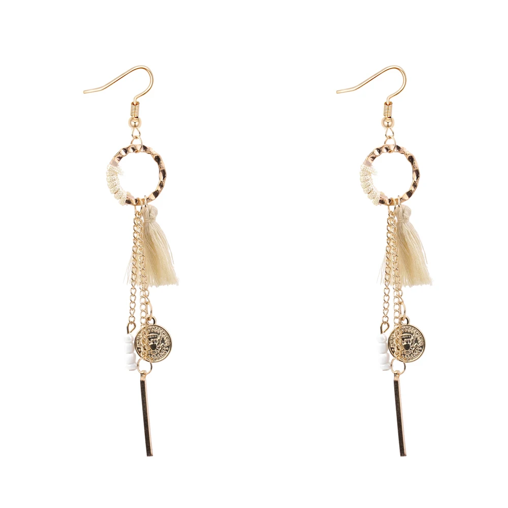 Human Head Coin Long Drop Dangling Charm Earrings Circle Design Tassel Bohemian Jewelry Accessories For Her 5 Colors | Украшения и