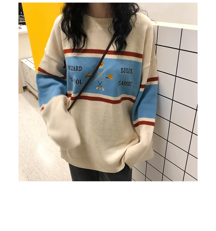 Woherb женский корейский Harajuku полосатый свитер женский пуловер Kawaii Ulzzang вышивка джемпер одежда для женщин 22873