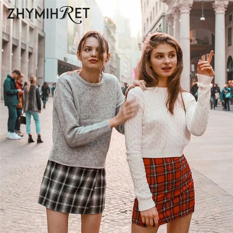 ZHYMIHRET Весна Лето Высокая талия красная клетчатая мини-юбка женская боковая разрезная юбка карандаш молния сзади Сексуальная уличная одежда Jupe Femme
