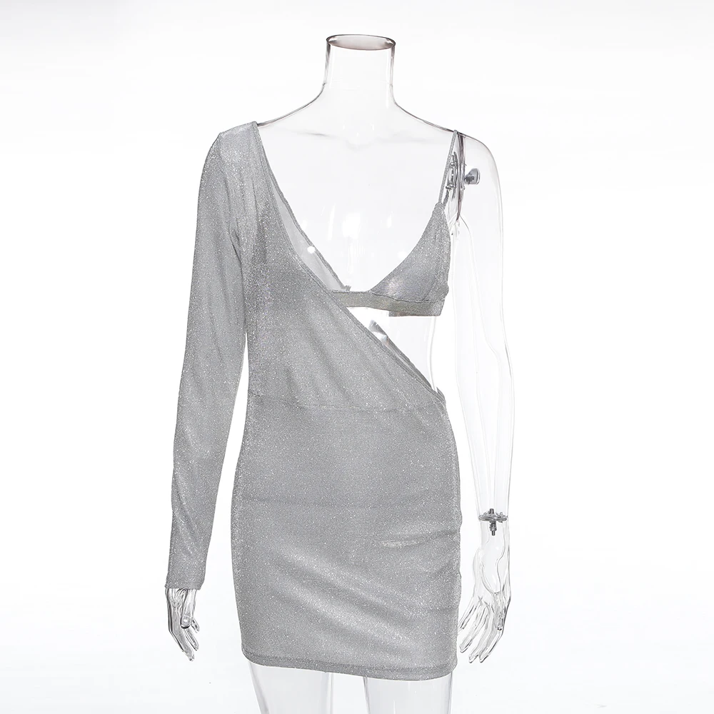 Серебряный вечерние рукав одно плечо вечернее платье 2 шт. выдалбливают Мини для