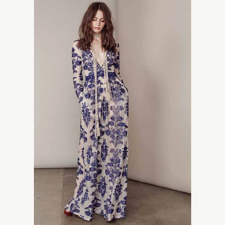 

Dress Women Rushed Dress Regular Offer Polyester A-line Print Three Quarter Ankle-length V-neck Long The New 2018 Perspective