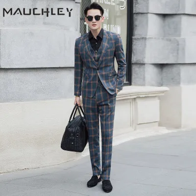 Double Breasted Men Suit With Vest Pants 3 Piece Retro Orange Grey Checkered Slim Fit Plus Size 5XL Wedding Suits for Men 2020