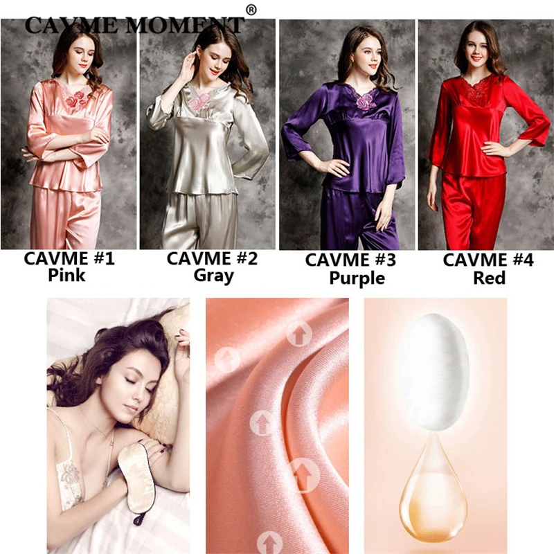 CAVME 2019 Luxury Plus Size Silk Pajama Sets for Women Ladies Payama Set Solid Color V-Neck 2 Pieces Homewear Sleepwear
