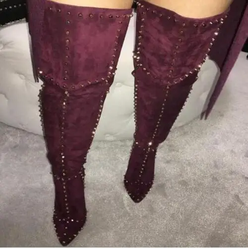 

Winter Women Thigh High Spike Boots Over the Knee Women Boot with Rivets Pointed Toe High Heel zapatos mujer Black Blue Red Wine