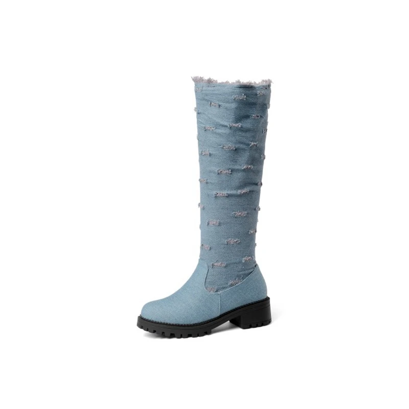 Light blue fur ORCHA LISA/джинсовые сапоги больших размеров 44 джинсовые сапоги до колена женские теплые зимние высокие сапоги на низком толстом каблуке Женская обувь женские сапоги C875 - Цвет: Light blue fur