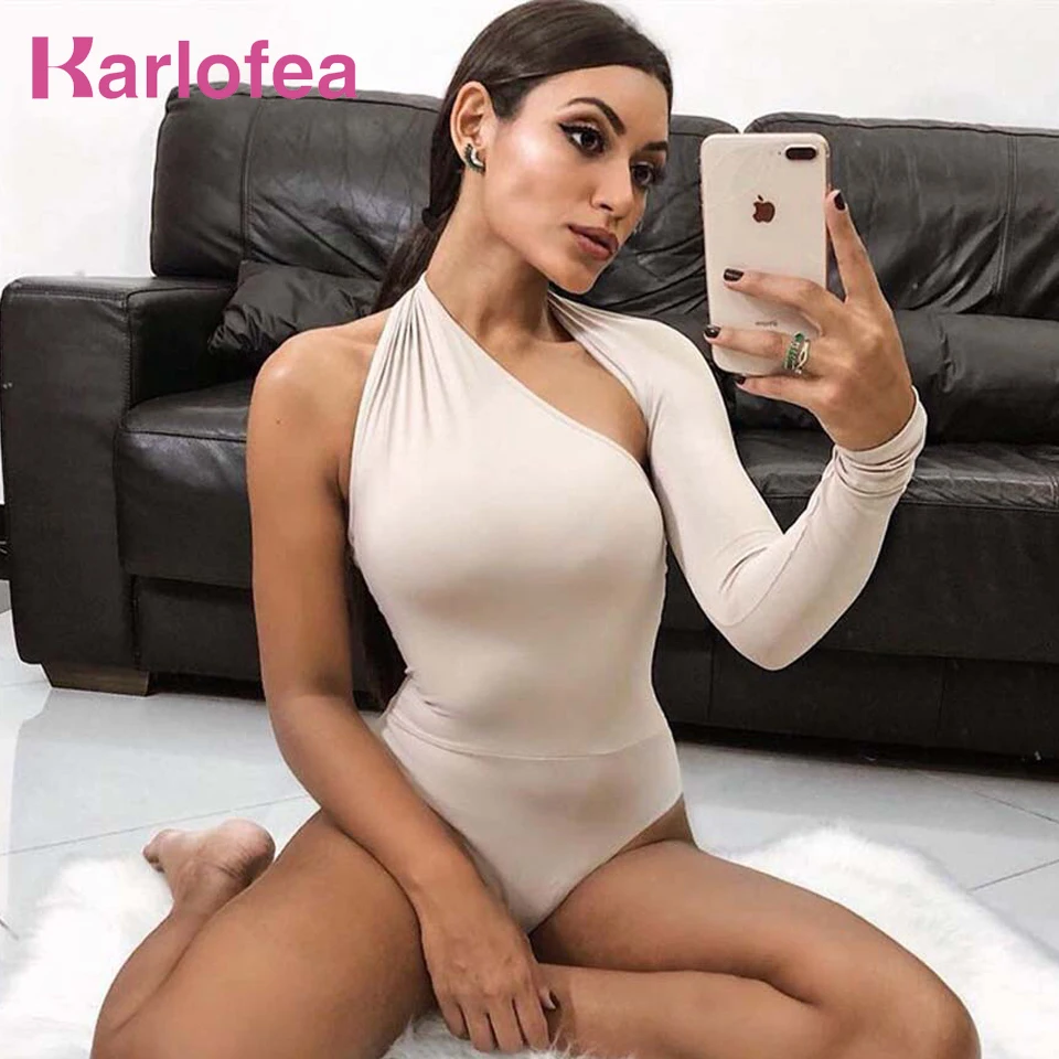 Karlofea новый осенне зимний облегающий боди футболка Топ на одно плечо с длинным