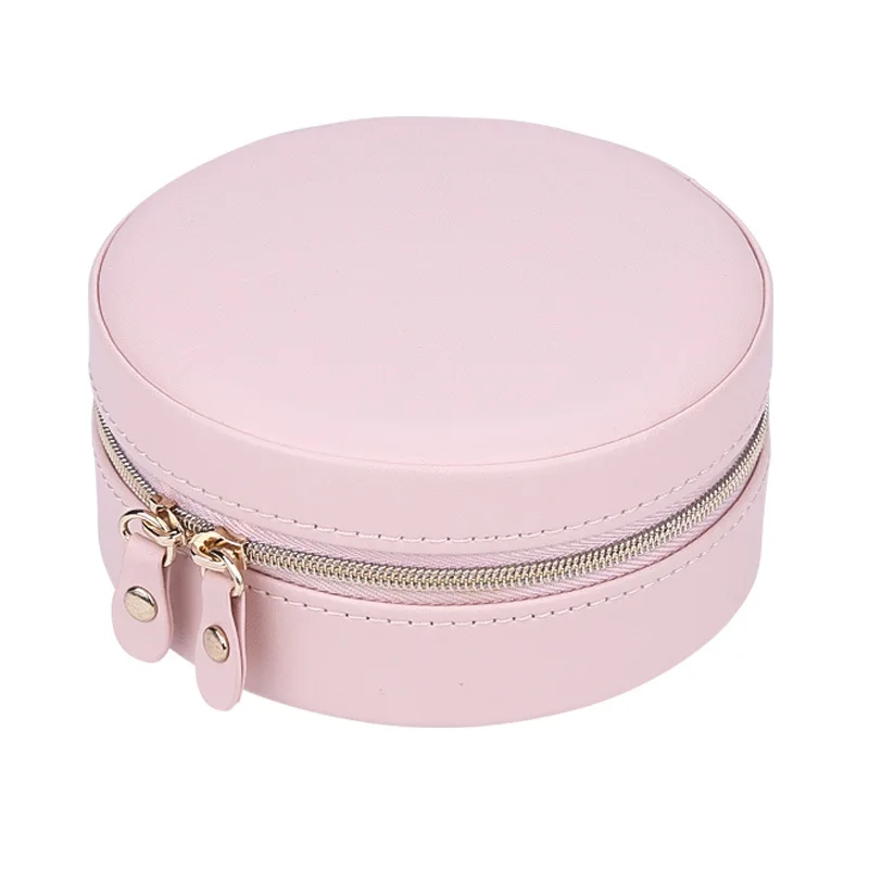 Pink Portable Round Jewelry Box Travel Zipper PU Leather Jewellery Packaging Display Organizer Gift Box Earring Storage Carrying Case - Цвет: Pink