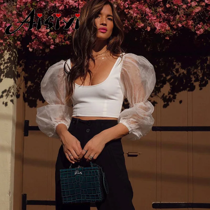 Aisiyi женские кружевные блузки с длинным рукавом сетчатые Лоскутные рубашки