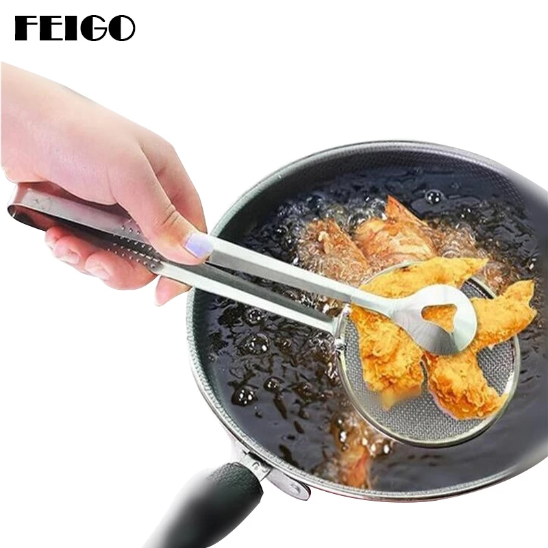 

FEIGO Food Clip Stainless Steel Fryer Strainer BBQ Buffet Serving Tong France Fried Frying Mesh Colander Filter Oil Drainer F426