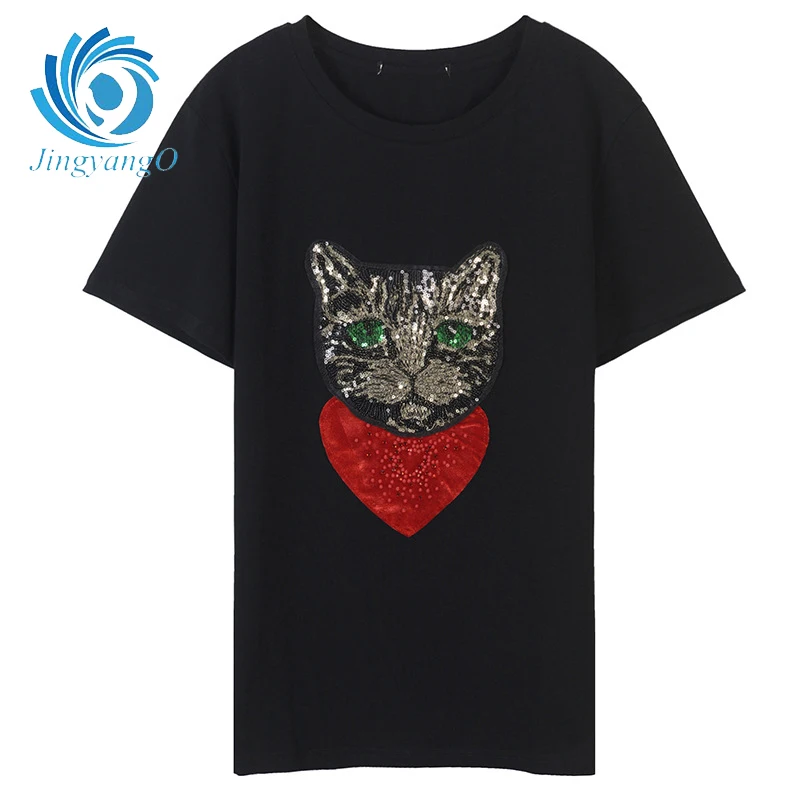 JingyangO 2018 Новинка весны и лета Для женщин красное сердце Sequin кусочек Cat патч