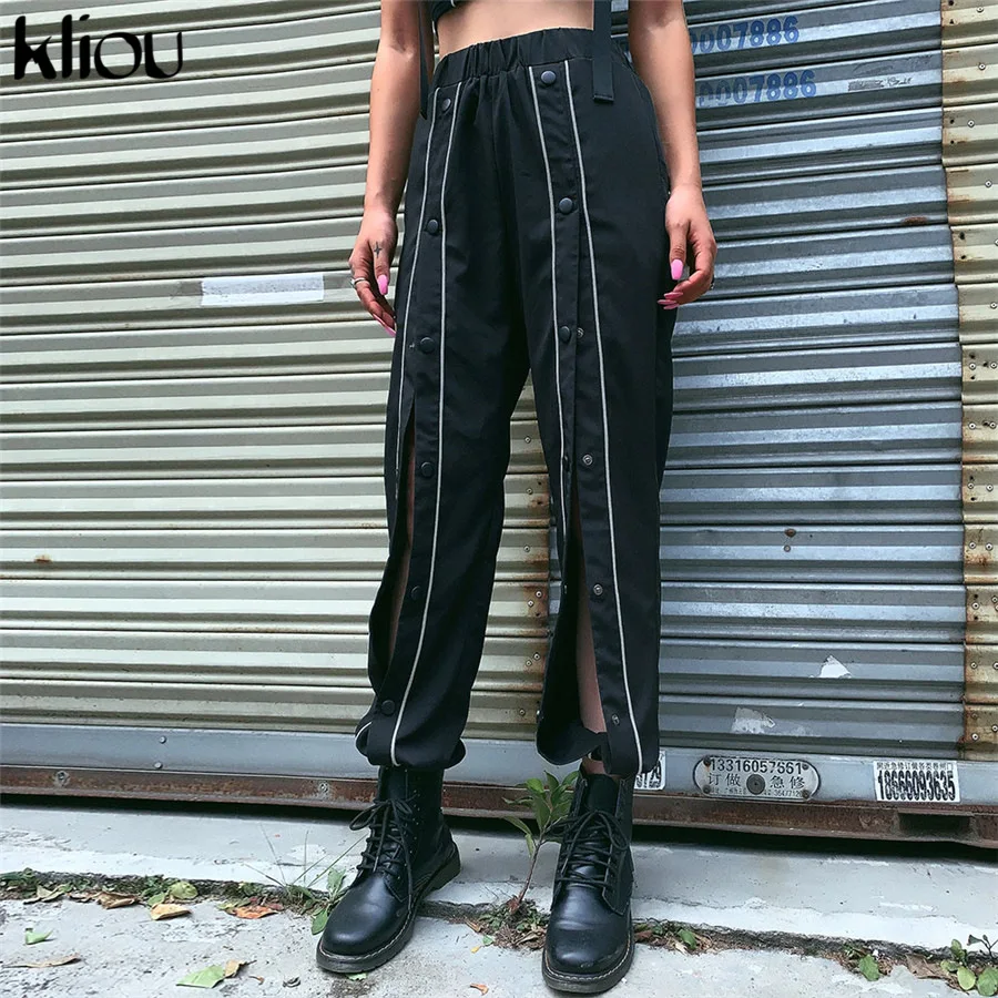 Kliou women casual pants long length hollow out black cargo pants high waist autumn new arrival fashion street trousers