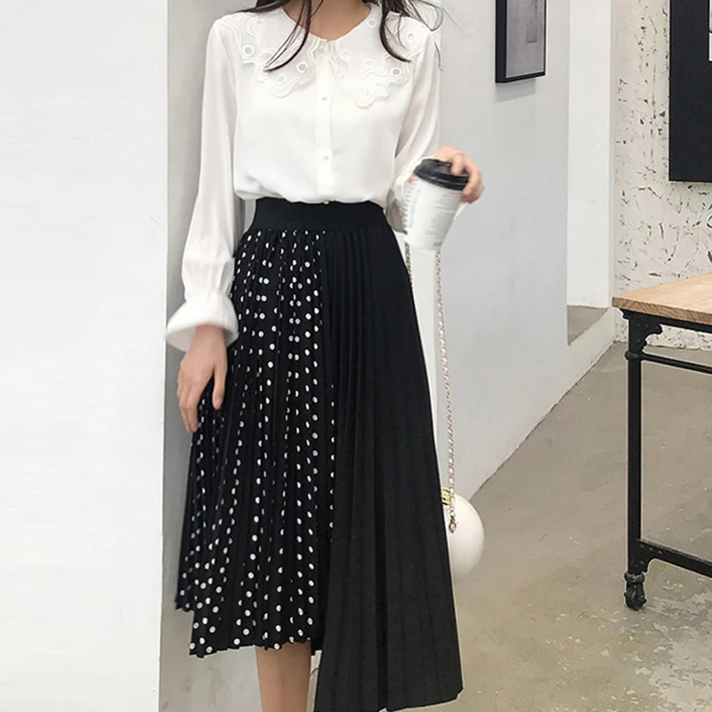 Модная Комбинированная юбка в горошек для женщин Harajuku Асимметричная юбка миди больших размеров Faldas Largas Mujer плиссированная юбка белая черная Jupe Femme