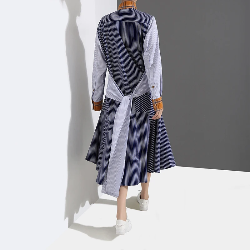 2019 Korean Style Women Spring Blue Striped Patchwork Shirt Dress Sashes Long Sleeve A-Line Female Casual Robe Femme 4653 | Женская