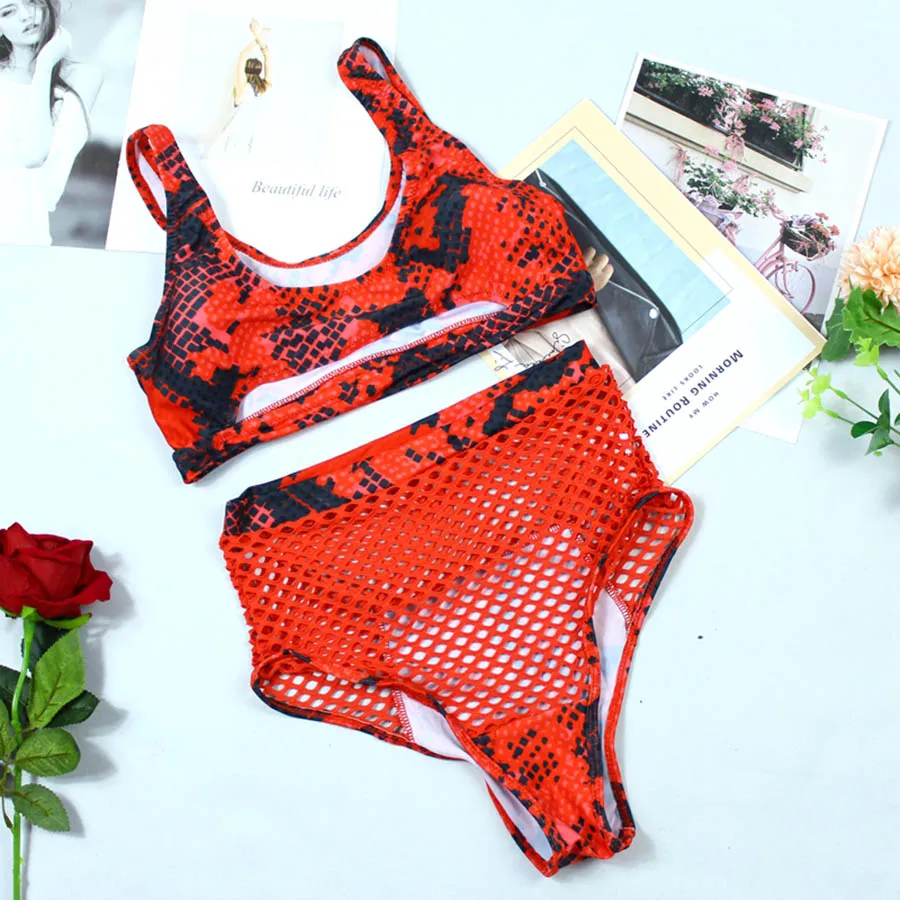 Красный змеиный принт высокая талия бикини сетчатый прозрачный Африканский