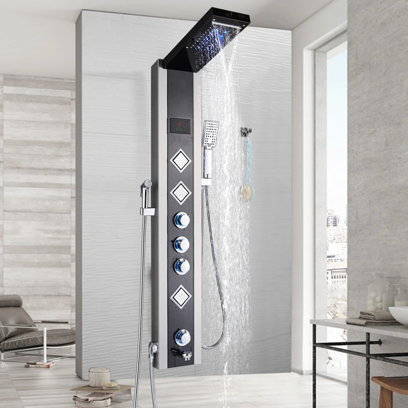 

Brushed Nickel Shower Panel In Wall Shower Column Faucet Digital Temperature Screen Shower Mixer Faucet with Bidet Sprayer Head