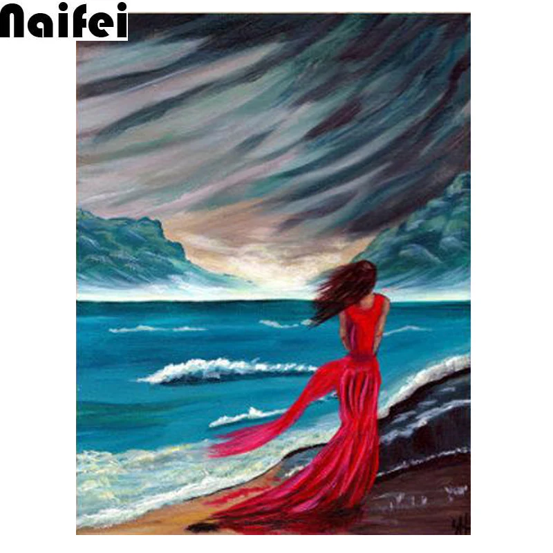 DIY Storm Seascape Art с красным платьем для девочек картина квадратным круглым