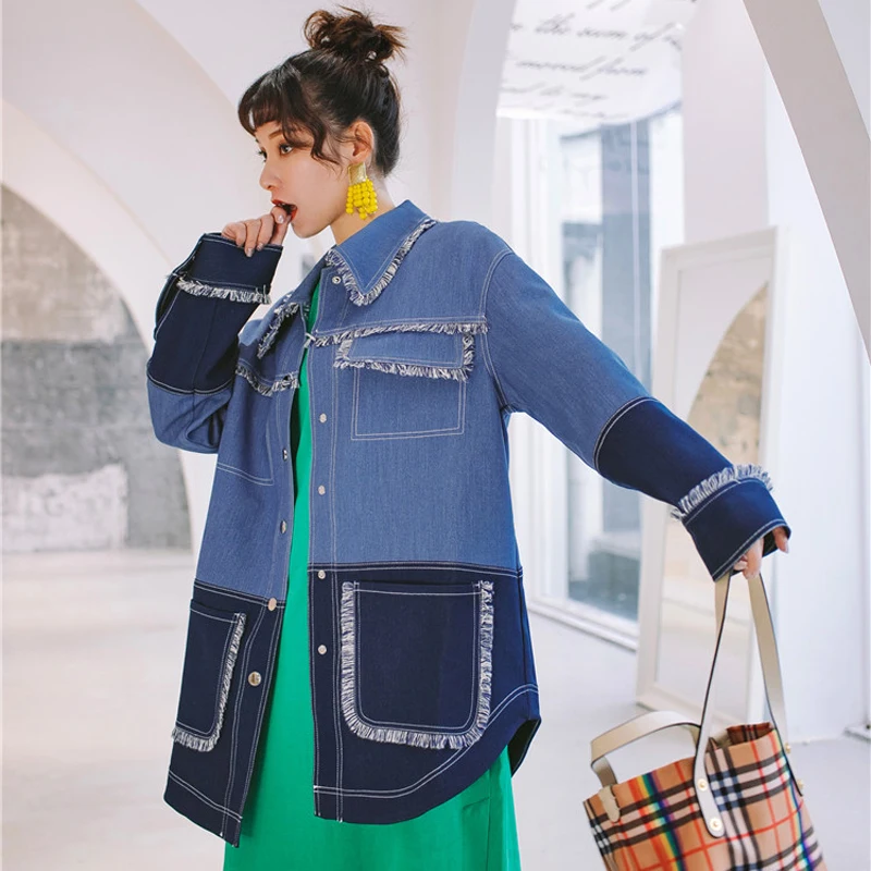 Оригинальная джинсовая куртка с синими кисточками в стиле ретро мягкая и удобная