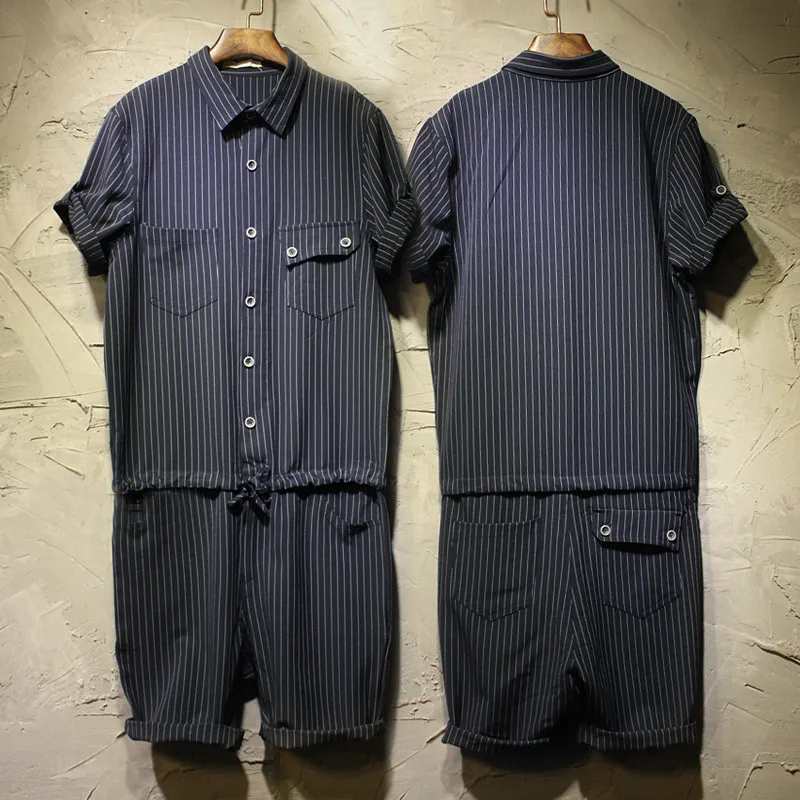 2017 мужские джинсы комбинезон Модный Полосатый черный и темно синий деним Рабочие