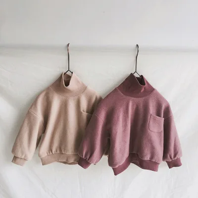 Fall Winter Children Korean Thicken Velvet Solid Hoodies for Boys and Girls Kids Baby Turtleneck Cotton Long Sleeve T Shirt Tops | Детская