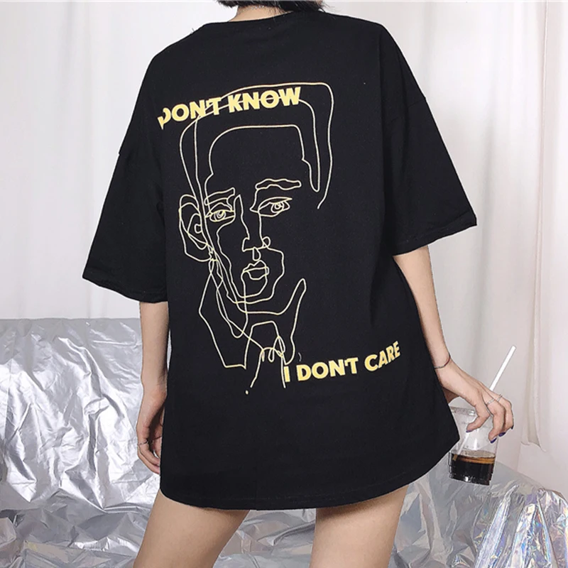 Летняя хлопковая футболка с надписью «I don't care about the» в Корейском стиле, в стиле хип-хоп, с принтом, для женщин, свободная, большого размера, для пары, модная футболка с коротким рукавом, топы