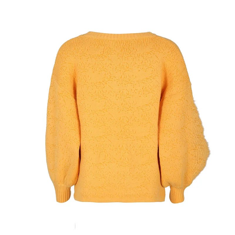 Winter Yellow Sweater Women Round Neck Solid Lantern Sleeve Pullover Fashion Plain Girls Knitted Autumn Long