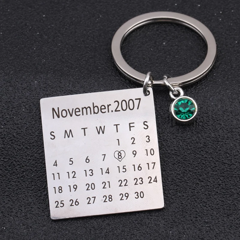 Custom Keychain Engraved Highlighted with Heart Date Birth Stone Choose Keepsake Calendar Pendant Souvenir Key Holder | Украшения и