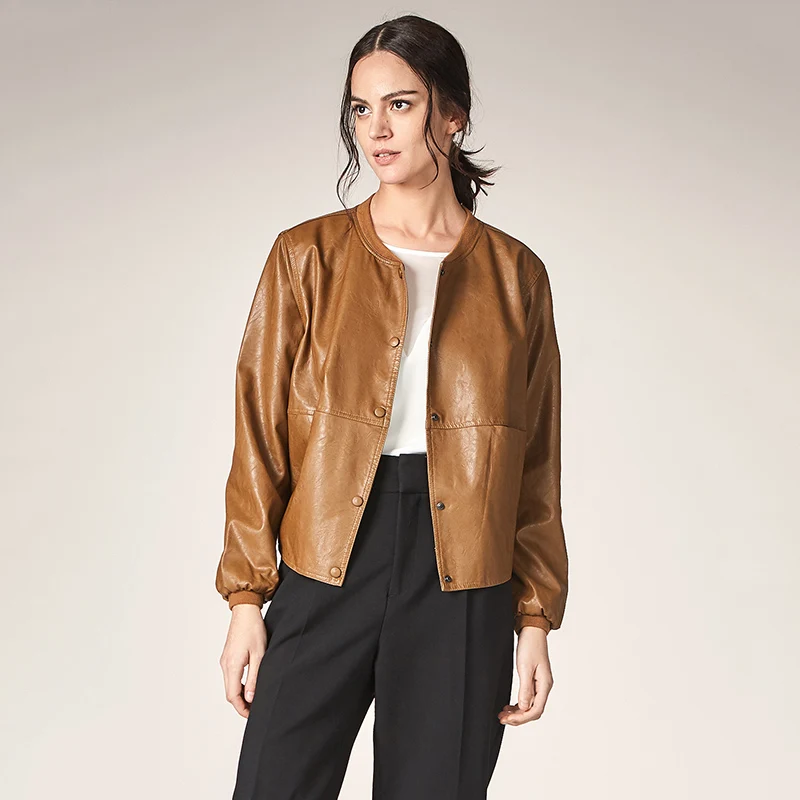 Женская кожаная куртка бомбер на пуговицах с длинным рукавом|jacket women casual|fashion jacket