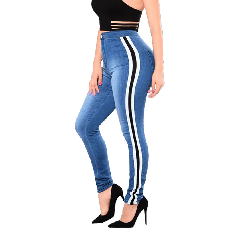 Длинные джинсы с высокой талией женские обтягивающие полосками сбоку в стиле