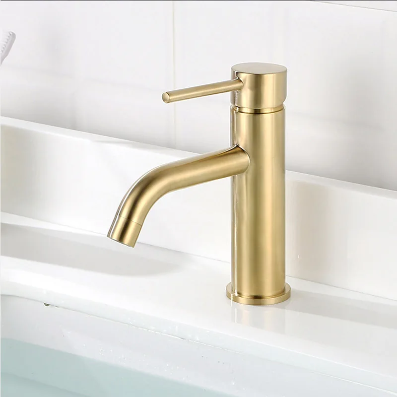 Brushed gold - short Смеситель для раковины для ванной комнаты из розового золота и черной латуни, смеситель для воды на одно отверстие, Матовый Золотой смеситель для горячей и холодной воды - Цвет: Brushed gold - short
