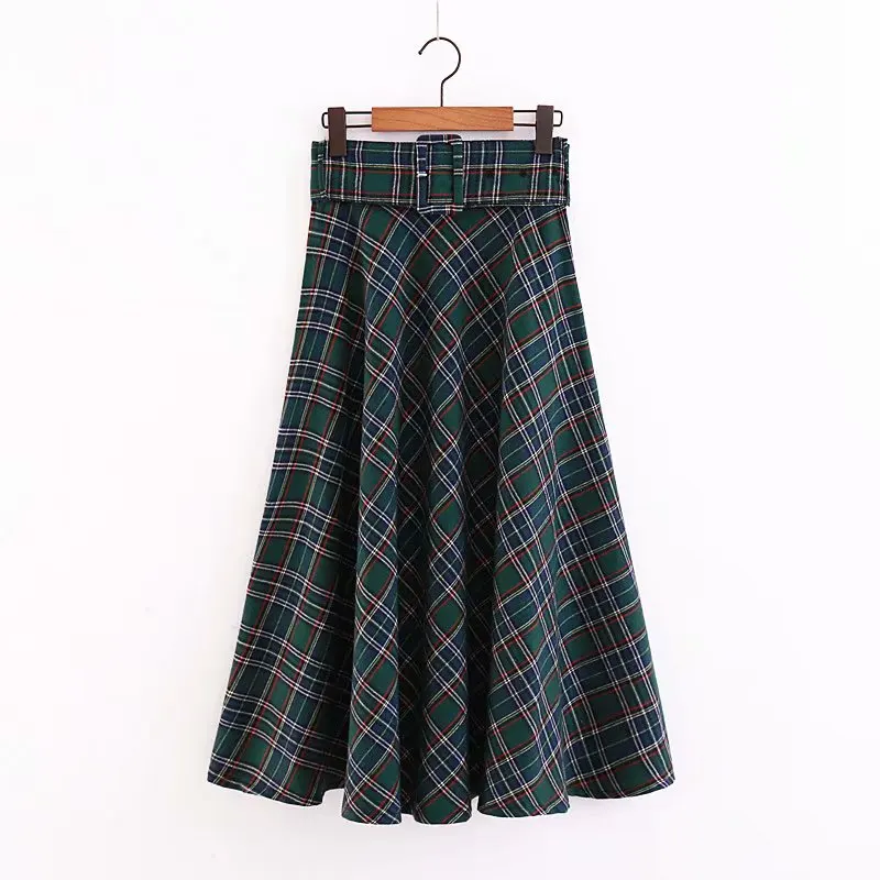 2018 осень Винтаж пояса Проверено плед юбка миди с поясом дамы большие качели