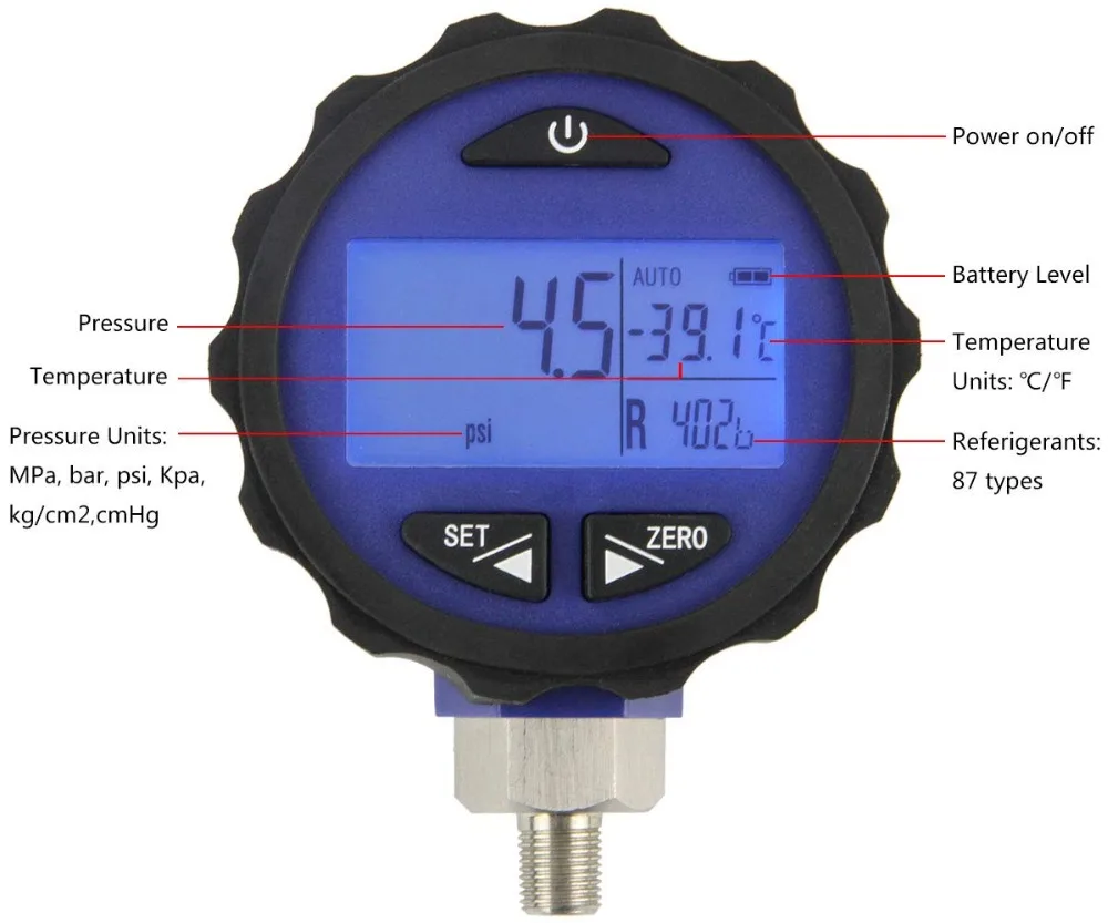 Цифровой манометр Elitech PG-30Pro синий для 87+ хладагентов с подсветкой 0-500 PSI 1/8 NPT