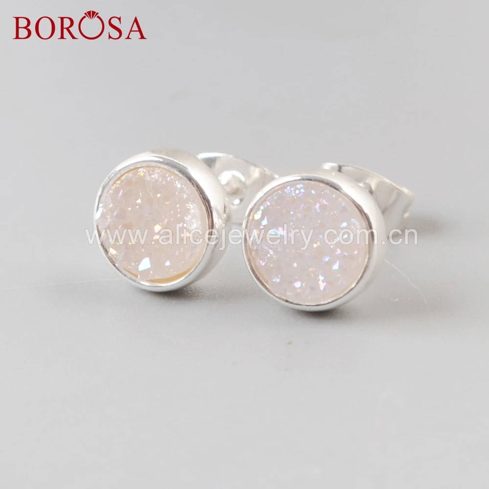 BOROSA 5 пар Новинка 9 мм Круглые Серьги серебряного цвета цвет титан Радужная Друза s