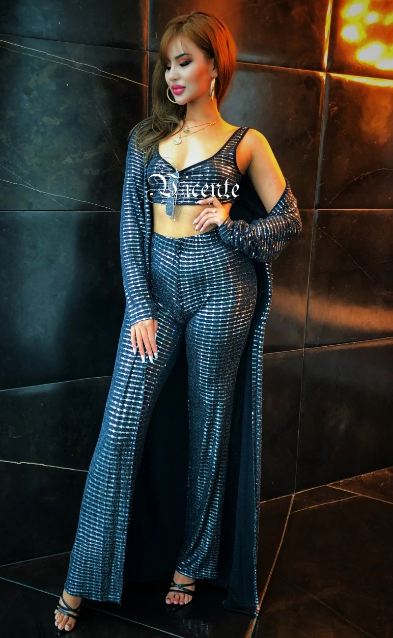 Vicente HOT Chic Dot Sequins Design 3 Pieces Set Long Sleeves Wholesale Celebrity Party Casual Wear Tops Pants Coat Suit | Женская