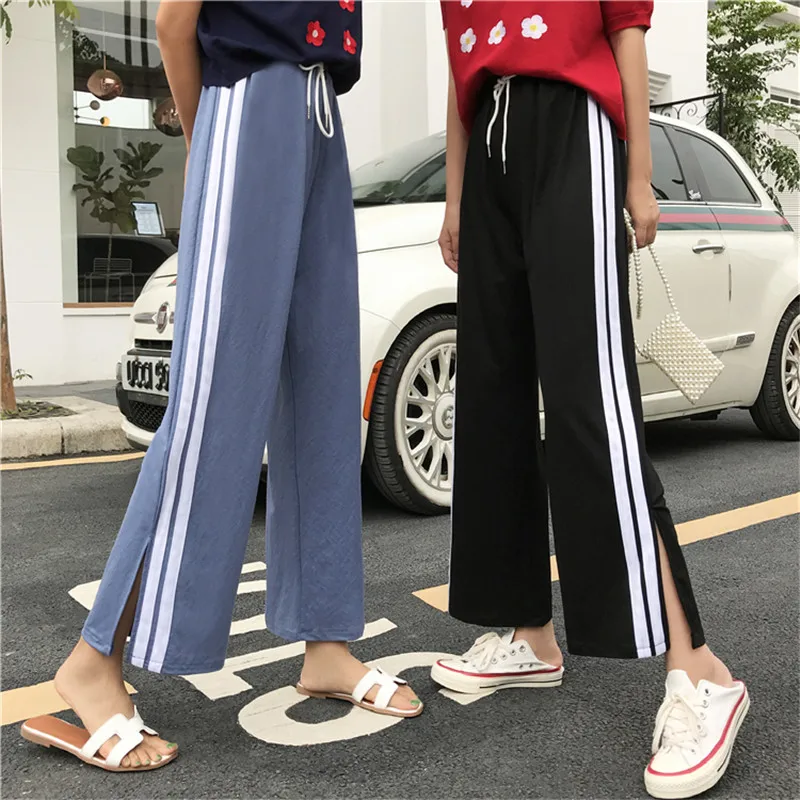 

Women Wide Leg Pants 2019 Summer Korean Casual Ankle-length Pants Preppy Style Female High Waist Lace Up Loose Striped Pants