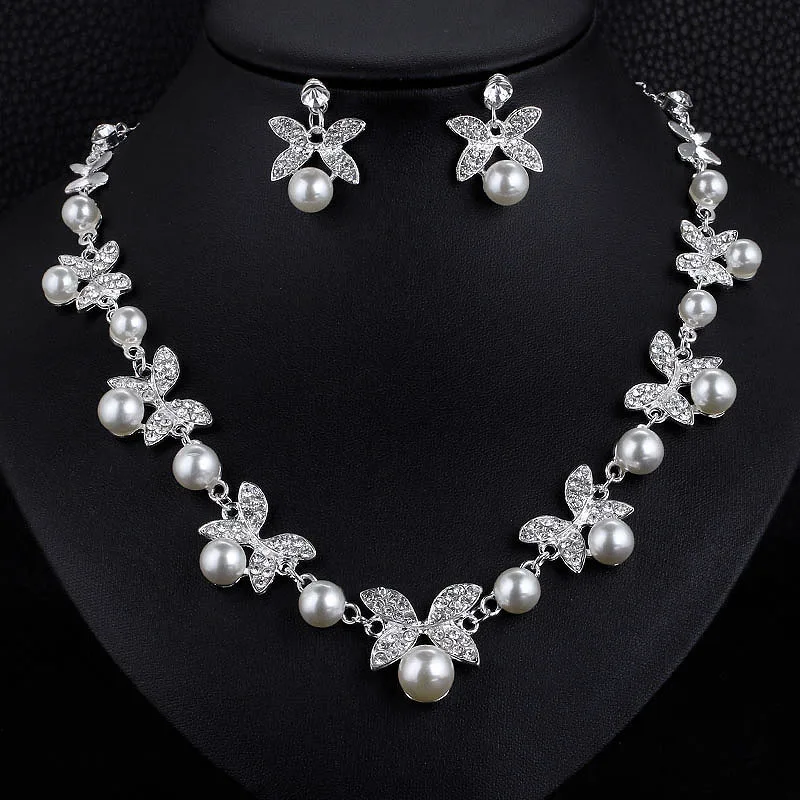 TREAZY Fashion Simulated Pearl Crystal Flower Necklace Earrings Tiara Bridal Jewelry Sets For Women Wedding Dress Accessories | Украшения и