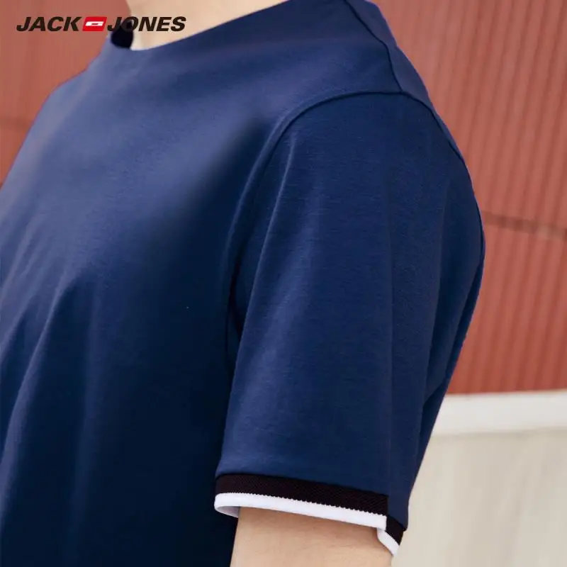 JackJones Мужская хлопковая контрастная Однотонная футболка с круглым вырезом и короткими рукавами | 219201509