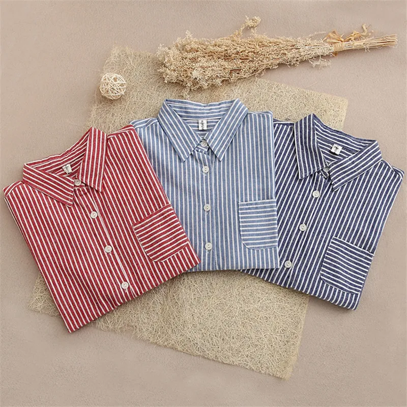 QIHUANG New Women Striped Shirts Blouses Work Shirt Loose Tops Female Long Sleeve Vintage Ladies Clothing |