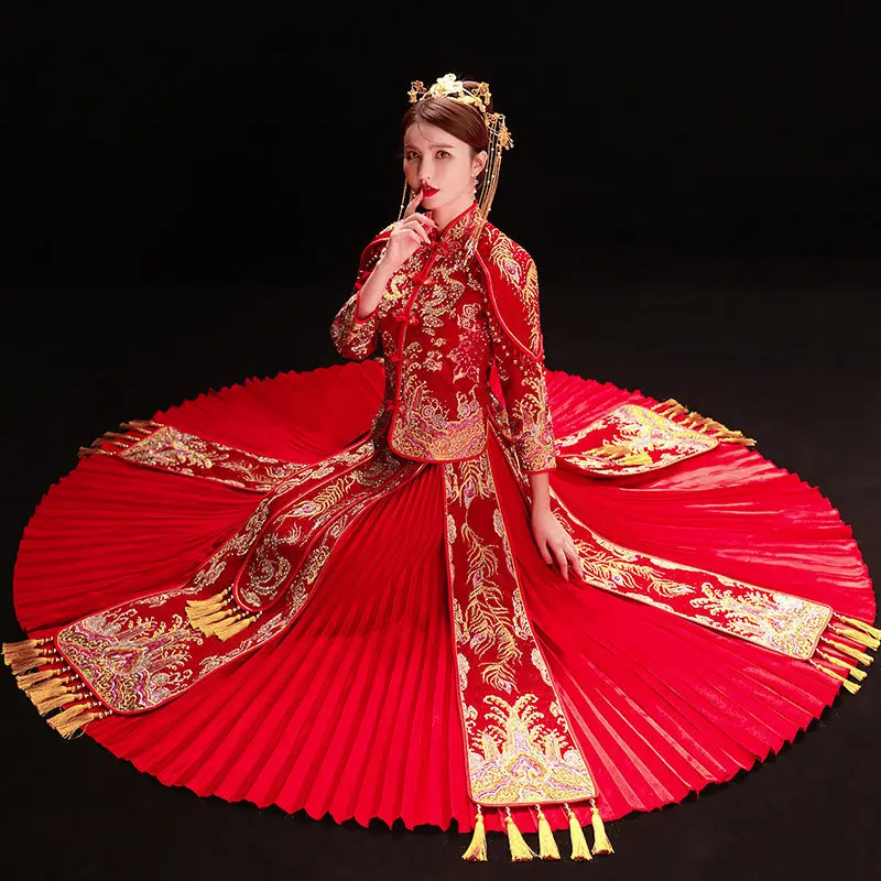 

New Fashion Noble Retro Chinese Women Bride cheongsam Dress Long Wedding Red Qipao Delicate Embroidery cheongsam Size S-XXL