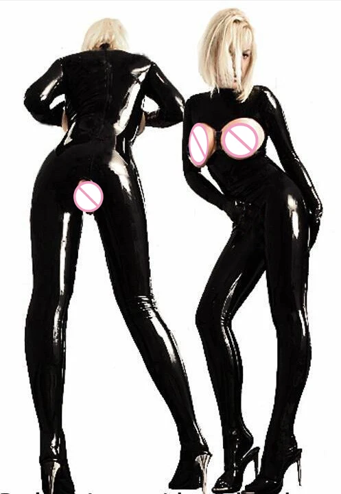 

2016 New Arrival Sexy PVC Latex Catsuit Women Black Open Bust Bodysuit Cat Women Costume Open Crotch Jumpsuit Free Fast Shipping