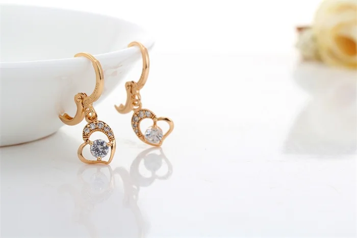 Милый желтое золото Цвет сердце любовь проложить zircon Цепочки и ожерелья Серьги