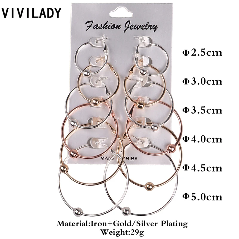 VIVILADY 6 Pairs/set Hoop Earrings Women Evening Party Gold Silver Color Lead Cadmium Free Summer Jewelry Newest Birthday Gifts | Украшения