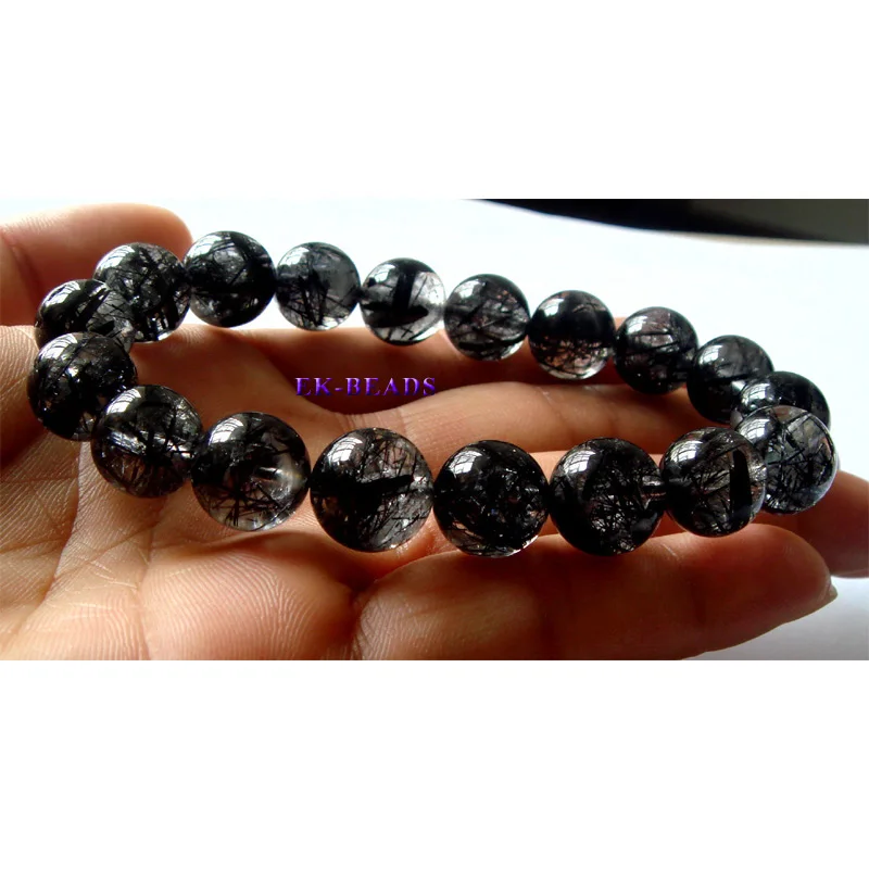 

Free Shipping Genuine High Quality Clear Natural Black Rutile Quartz Finished Stretch Men's Bracelet Round Big beads 11mm