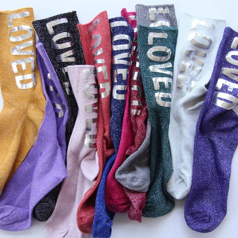 

[WPLOIKJD]Shiny Letter Loved Harajuku Japanese Silk Socks Handmade Princess Socks Women Fashion Style Calcetines Mujer Sokken