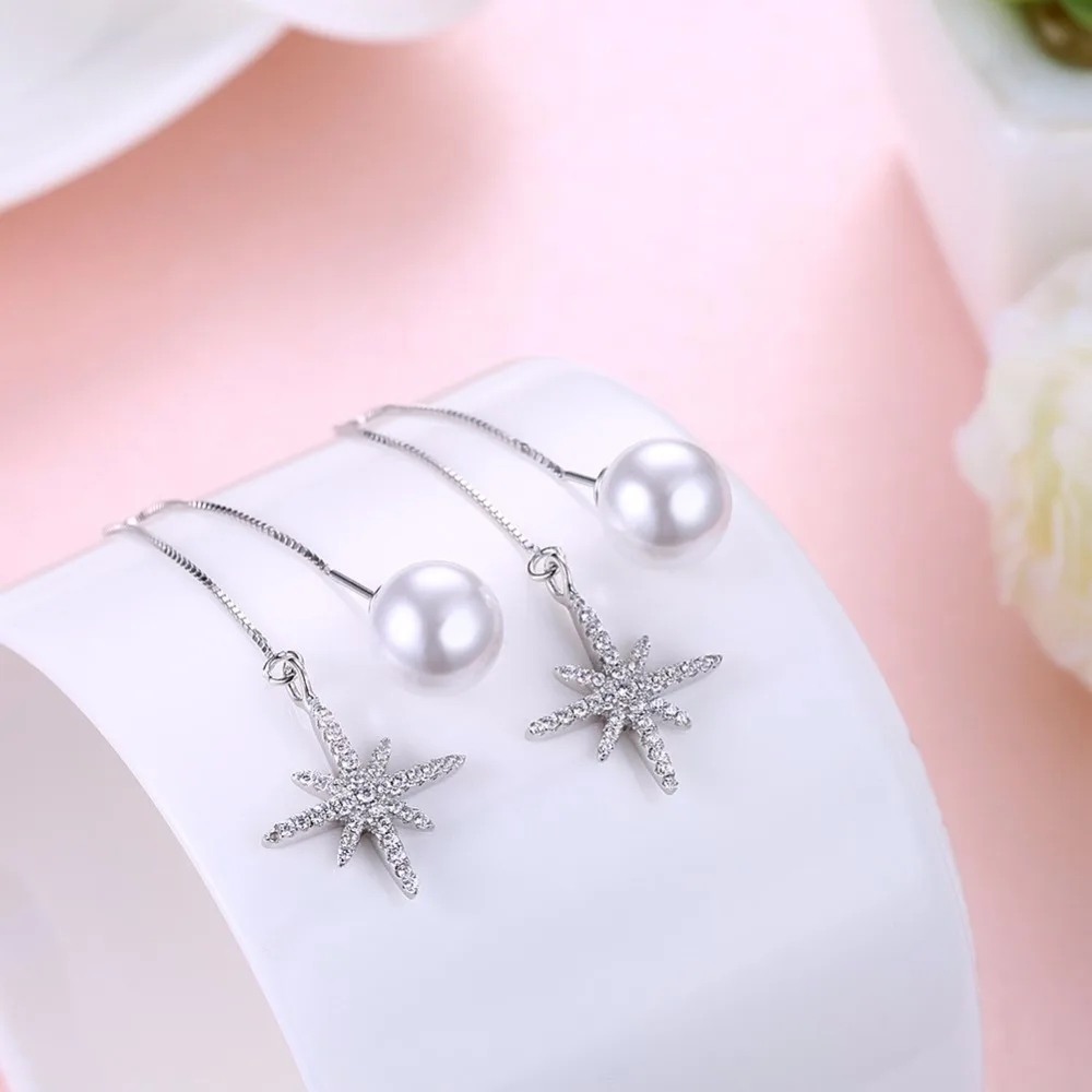 CICI WARREN Fine Jewelry 100% 925 Sterling Silver Drop Earrings Shiny Star With Pearl AAA+ Zircon Gift For Women CWE006 | Украшения и
