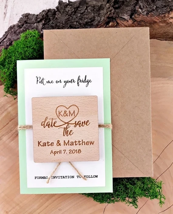personalize names date engraved Wooden Card save the Wedding invitations Magnets Save Date Magnet | Дом и сад